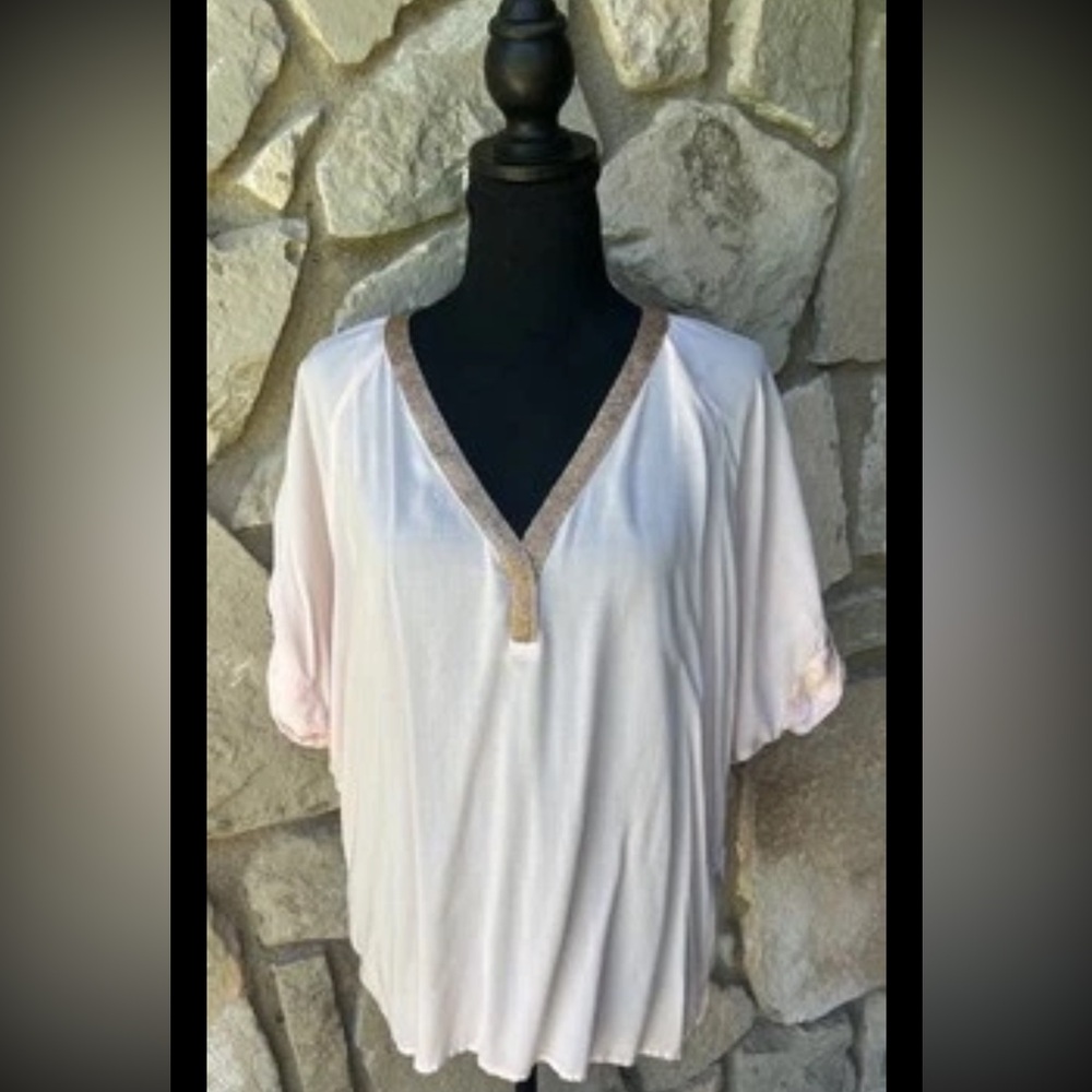 Juicy Couture Top Blouse Medium Pink Short Roll Tab Gold Metallic Accent